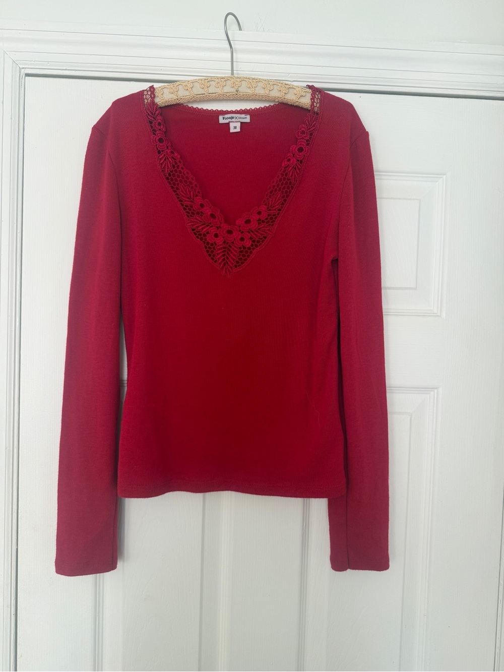 Rouje Crimson Long Sleeve V-Neck Top with Lace Trim